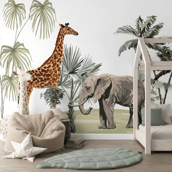 Behang Safari Olifant Giraf