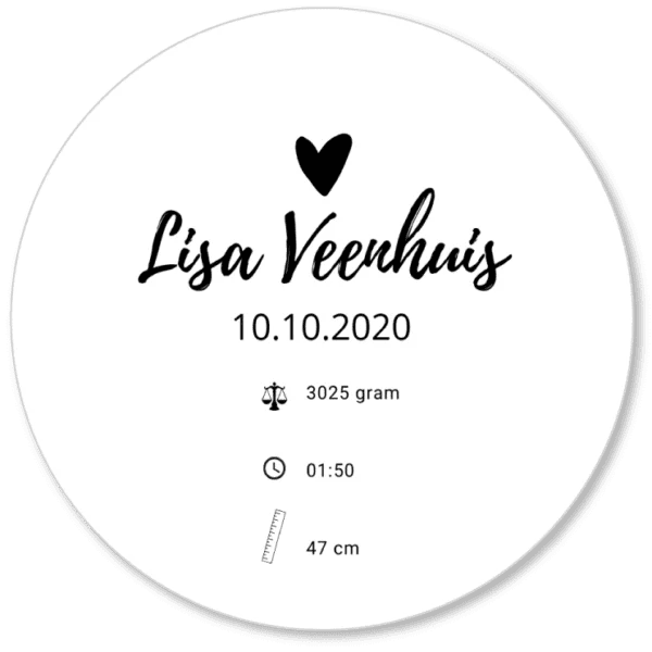 Geboortekaartje met naam Lisa Veenhuis, geboortedatum 10.10.2020, gewicht 3025 gram, lengte 47 cm en hartje