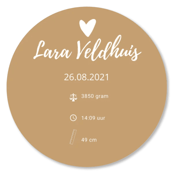 Geboortekaartje Lara Veldhuis met geboortedatum, gewicht 3850 gram, tijd 14:09 uur en lengte 49 cm op beige achtergrond