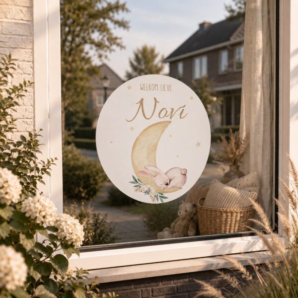 Raamsticker geboorte konijn slaapt op maan , konijntjes geboorte sticker