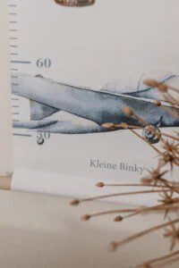 Groeimeter met vintage vliegtuigillustratie en tekst Kleine Binky op beige achtergrond met droogbloemen