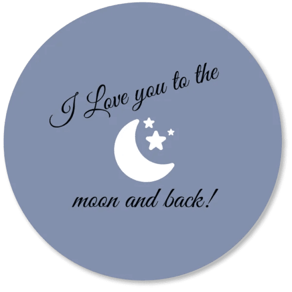 Muurdecoratie met tekst I Love you to the moon and back op blauwe ronde achtergrond met witte maan en sterren