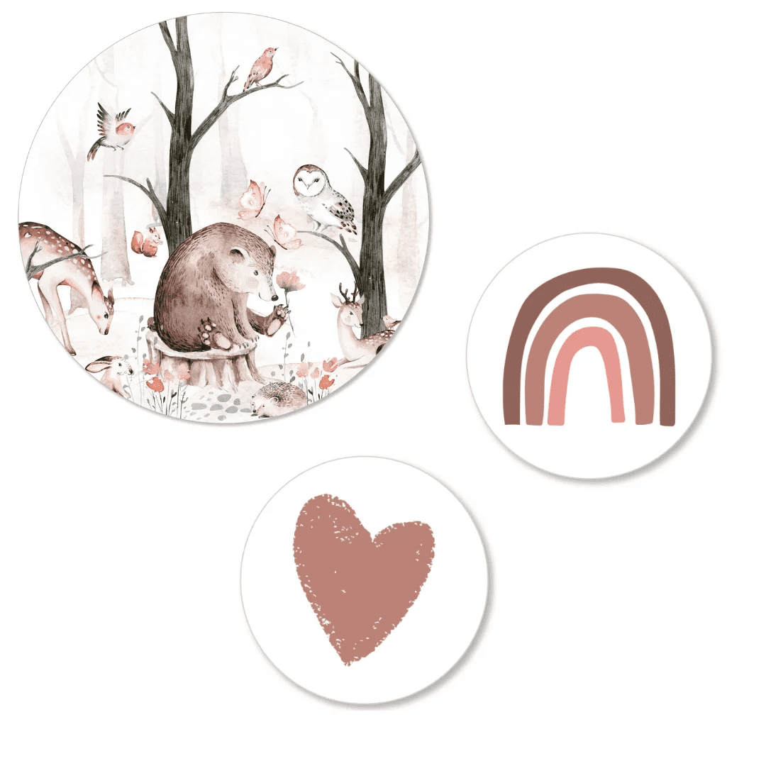 Muurcirkel set Dieren in het bos oud roze