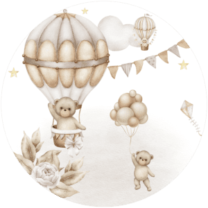 Lieve teddyberen in luchtballonnen met ballonnen, vlaggetjes en sterren in zachte beige tinten