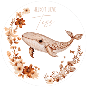 Aquarel illustratie van een walvis met bloemen en tekst Welkom lieve Tess in bruintinten