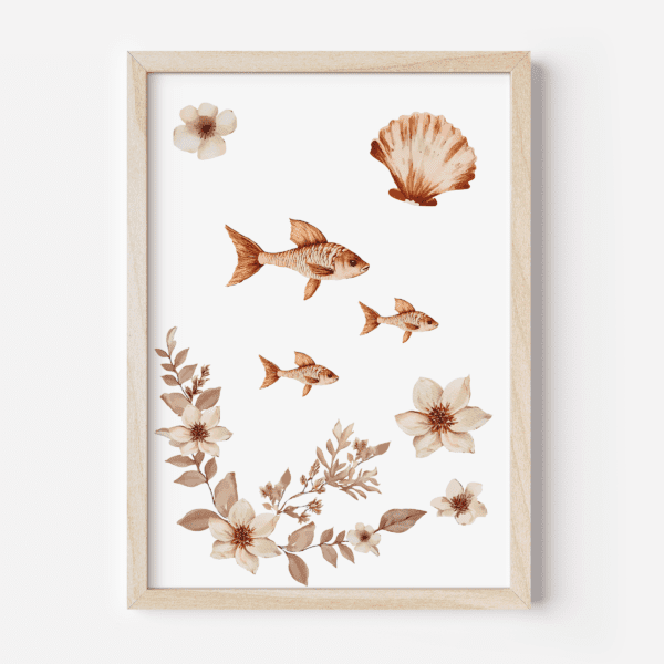 Aquarel wanddecoratie met drie bruine vissen, schelp en botanische bloemen in houten lijst