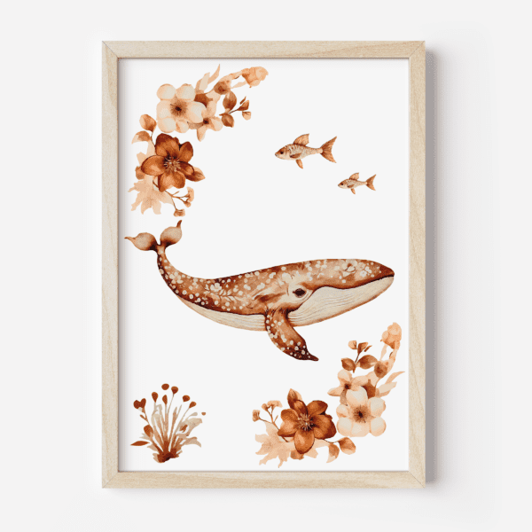 Walvis met bloemen en vissen in aquarel stijl, ingelijste wanddecoratie in bruintinten