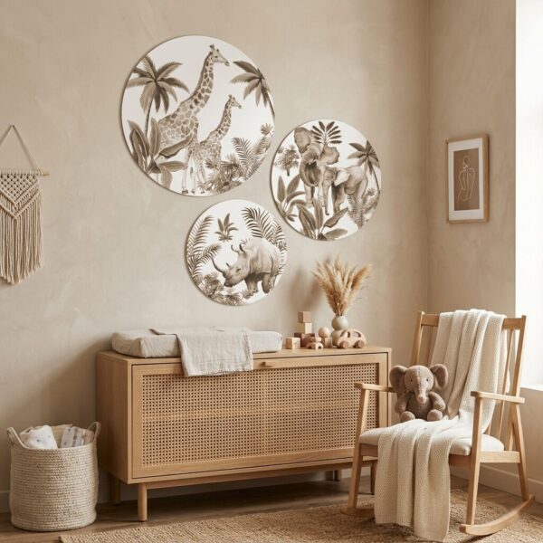 Babykamer met ronde muurdecoraties van giraffe, olifant en neushoorn in neutrale tinten boven commode