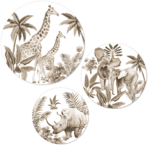 Drie ronde wandcirkels met giraffen, olifanten en neushoorn in sepia tinten met tropische planten