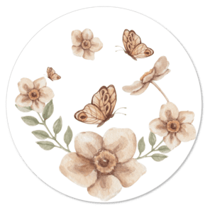 Aquarel illustratie met beige bloemen, vlinders en groene blaadjes in vintage stijl