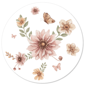 Aquarel bloemencirkel met roze en beige bloemen, vlinders en groene bladeren op witte achtergrond