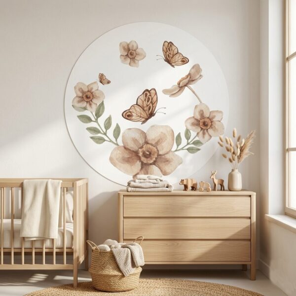 Ronde muurdecoratie met aquarel bloemen, vlinders en groene bladeren in babykamer met houten commode