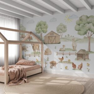 Kinderkamer met houten huisjesbed en boerderij muurschildering met kippen, alpaca's en schuren
