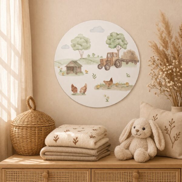 Ronde muurdecoratie met aquarel boerderijscène inclusief tractor, schuur, kippen en bomen in babykamer An analysis of the sim