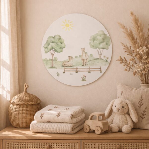 Ronde wanddecoratie met aquarel alpaca's en bomen boven houten ladekast in kinderkamer met natuurlijke tinten