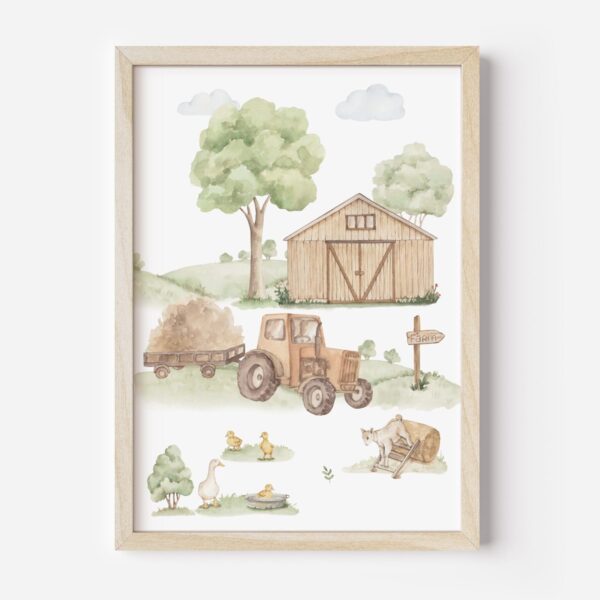 Aquarel kinderposter met boerderijschuur, tractor, eenden en varken in houten lijst