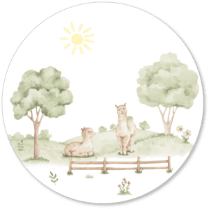 Aquarel illustratie met twee alpaca's in landelijk tafereel met bomen, zonnetje en houten hek