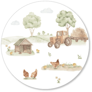 Aquarel illustratie van landelijk boerenerf met tractor, kippenhok, kippen en kuikens tussen bomen