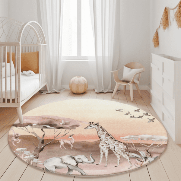 Lichte babykamer met wit ledikant en rond vloerkleed met safari dieren in aardse tinten