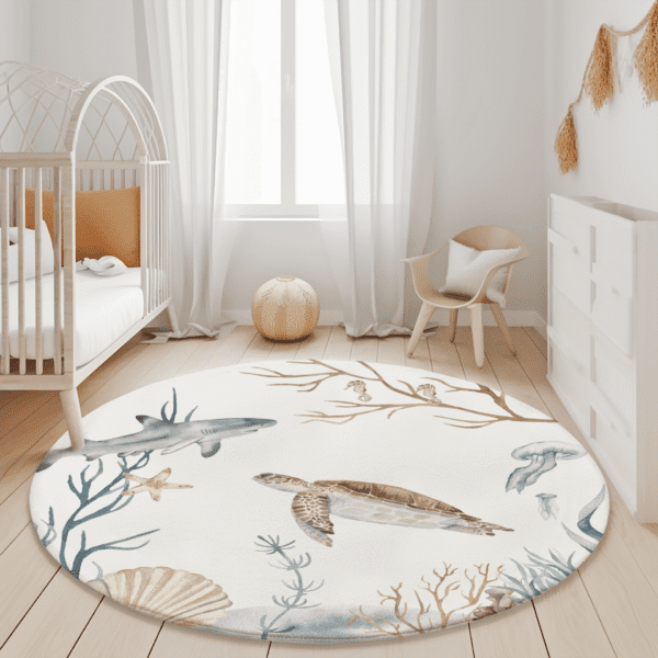 Ronde vloerkleed met oceaanthema in lichte babykamer met wit ledikant en natuurlijke tinten
