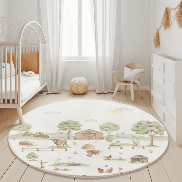 Lichte babykamer met wit ledikant, rond speelkleed met boerderijthema en beige decoratie-elementen