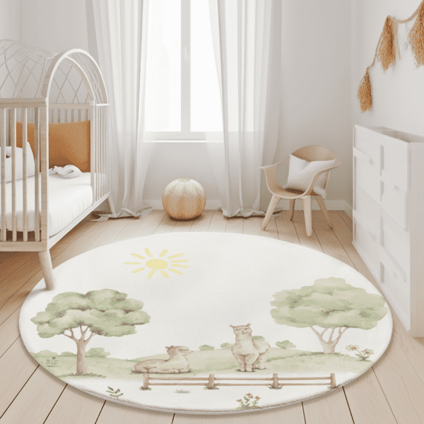 Rond kinderkamertapijt met safaridieren en bomen in neutrale tinten in lichte babykamer met wit ledikant
