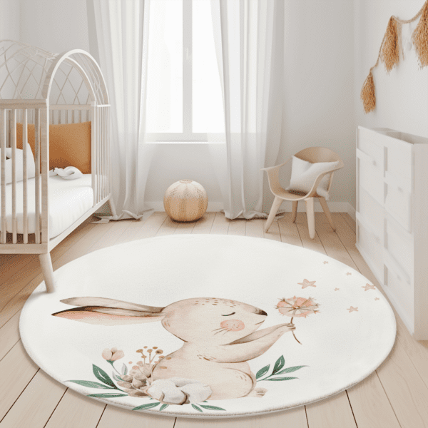 Lichte babykamer met wit ledikant, rond vloerkleed met haasje en natuurlijke tinten accessoires