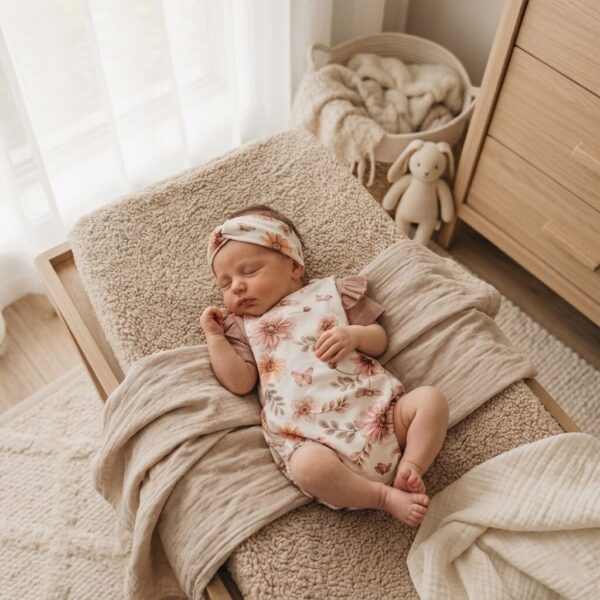 Pasgeboren baby slaapt op houten aankleedkussen met bloemenpakje en haarbandje in natuurlijke babykamer