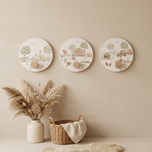Drie ronde wandborden met pastel boerderijillustraties en houten knoppen aan beige kinderkamermuur