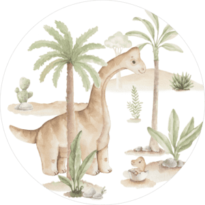 Aquarel illustratie van vriendelijke dinosaurus met palmbomen, cactussen en baby dino in ei-schaal