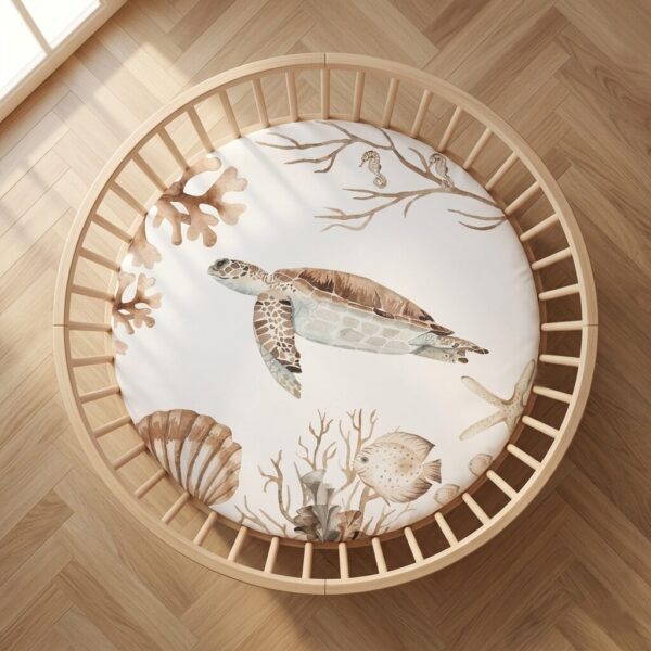 Rond houten babybedje met wit laken met zeeschildpad en onderwatermotieven op visgraat parketvloer